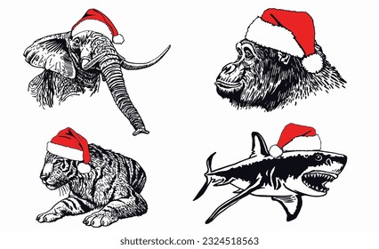 Graphical set of animals in Santa Claus red hats on white background isolated, Christmas elements. Vector illustration