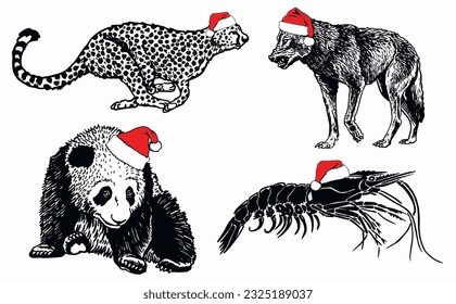 Graphical set of animals in Santa Claus red hats on white background isolated, Christmas elements. Vector illustration
