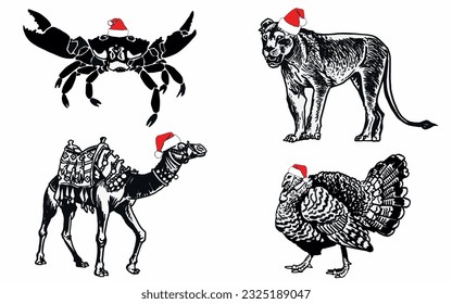 Graphical set of animals in Santa Claus red hats on white background isolated, Christmas elements. Vector illustration