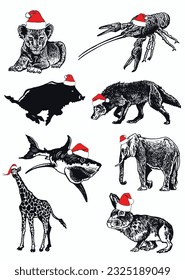 Graphical set of animals in Santa Claus red hats on white background isolated, Christmas elements. Vector illustration