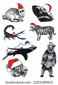Graphical set of animals in Santa Claus red hats on white background isolated, Christmas elements. Vector illustration