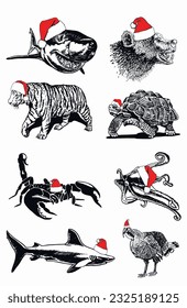 Graphical set of animals in Santa Claus red hats on white background isolated, Christmas elements. Vector illustration