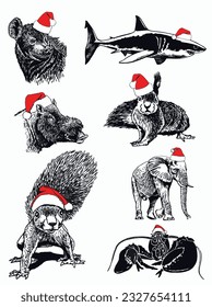 Graphical set of animals in Santa Claus red hats on white background isolated, Christmas elements. Vector illustration