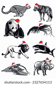 Graphical set of animals in Santa Claus red hats on white background isolated, Christmas elements. Vector illustration