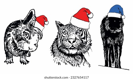 Graphical set of animals in Santa Claus red hats on white background isolated, Christmas elements. Vector illustration