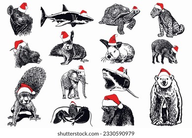 Graphical set of animals in Santa Claus red hats on white background isolated, Christmas elements. Vector illustration