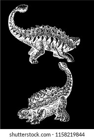 Graphical set of  ankylosaurus  isolated on black background,vector sketchy illustration