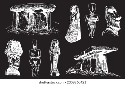 Graphical set of archeological artefacts , sightseeings isolated on black background. Vector dolmens, moai pharaoh ,holy mother and God ptah