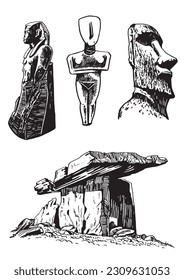 Graphical set of archeological artefacts , sightseeings isolated on white background. Vector dolmens, moai pharaoh ,holy mother and God ptah