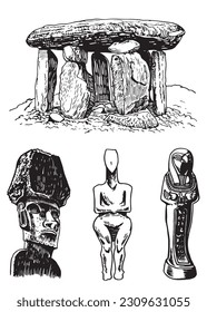 Graphical set of archeological artefacts , sightseeings isolated on white background. Vector dolmens, moai pharaoh ,holy mother and God ptah