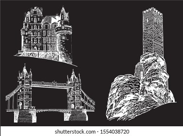 Graphical set of architecture isolated on black background,vector sightseeing