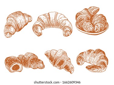 Graphical set of baked croissants isolated on white background,vector food illustration