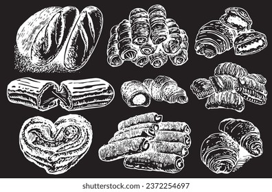 Graphical set of bakery food, buns,rolls, bread, croissants on black  background, vector engraved  illustration