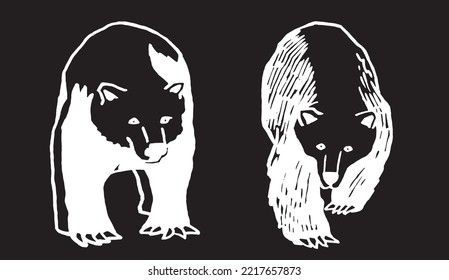 Graphical set of bears isolated on black background,vector engraved illustration. Ink pen illustration