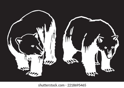 Graphical set of bears isolated on black background,vector engraved illustration. Ink pen illustration