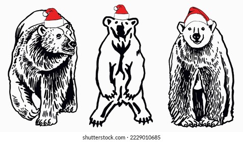 Graphical set of   bears in Santa Claus hats  isolated on white background,vector