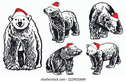 Graphical set of   bears in Santa Claus hats  isolated on white background,vector