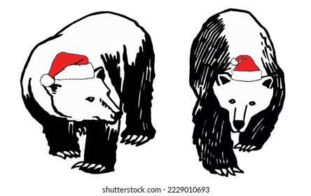 Graphical set of   bears in Santa Claus hats  isolated on white background,vector