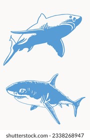 Graphical set of blue sharks  isolated on white background,vector color sharks for tattoo and printing