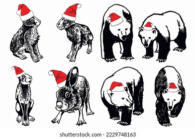 Graphical set of  bunnies and bears in Santa Claus hat isolated on white, vector new year illustration