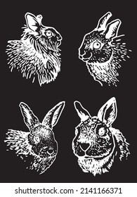 Graphical set of bunnies isolated on black,vector engraved elements