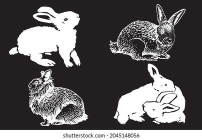 Graphical set of bunnies on black background,vector silhouettes and sketches