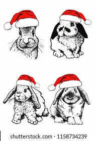 Graphical set of bunnies in Santa Claus hats isolated on white background,vector new year illustration