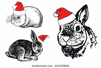 Graphical set of  bunnies in Santa Claus hat isolated on white background,vector illustration. Christmas bunny element,symbol of 2023 new year 