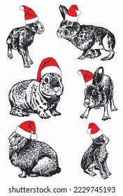 Graphical set of  bunnies in Santa Claus hat isolated on white, vector new year illustration