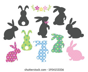 Graphical set of bunny isolated on white background. Black and colored cute rabbits silhouette. Easter bunny collection in vector.