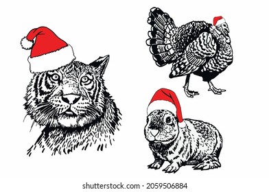 Graphical set of bunny,turkey and tiger in Santa hat , new year elements