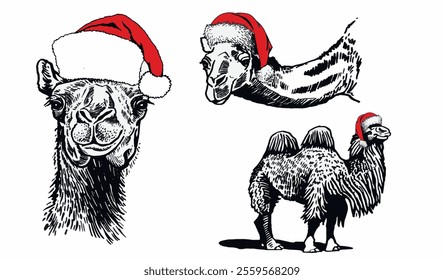 Graphical set of camels in red Santa Claus hats on white background,vector illustration.	