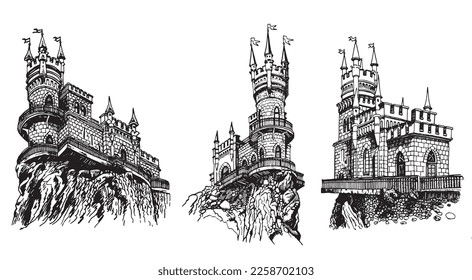 Graphical set of castles in Crimea. Vector iilustration of swallows nest isolated on white