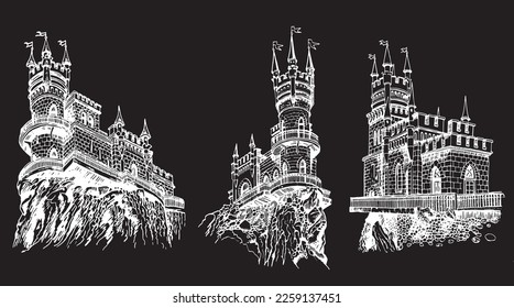 Graphical set of castles in Crimea. Vector iilustration of swallows nest isolated on black