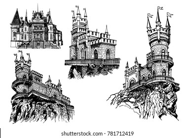 Graphical set of castles in Crimea. Vector iilustration  of swallovs nest and Vorontsov Palace