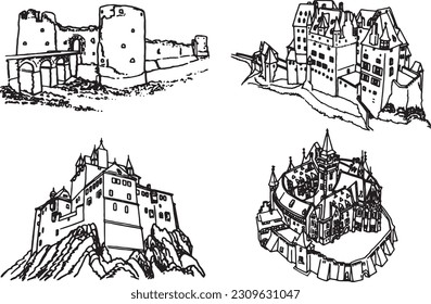 Conjunto gráfico de castillos de Alemania aislados en una ilustración blanca vectorial. Edificios históricos