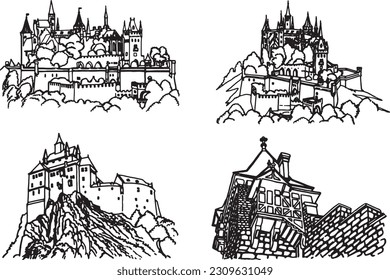 Graphical set of castles from Germany isolated on white,vector sketchy illustration. Historical buildings