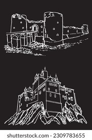 Conjunto gráfico de castillos de Alemania aislados en una ilustración negra vectorial. Edificios históricos