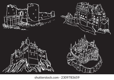 Graphical set of castles from Germany isolated on black,vector sketchy illustration. Historical buildings