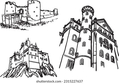 Graphical set of castles from Germany isolated on white,vector sketchy illustration. Historical buildings
