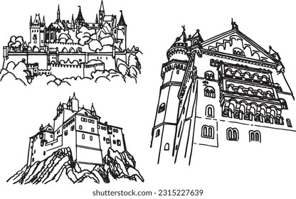 Conjunto gráfico de castillos de Alemania aislados en una ilustración blanca vectorial. Edificios históricos