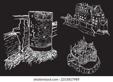 Graphical set of castles from Germany isolated on black,vector sketchy illustration. Historical buildings