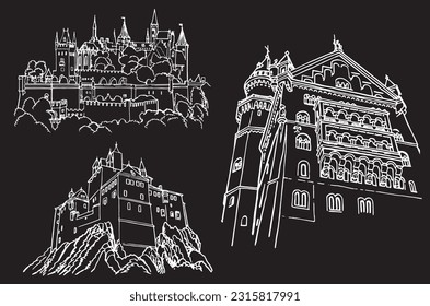 Graphical set of castles from Germany isolated on black,vector sketchy illustration. Historical buildings