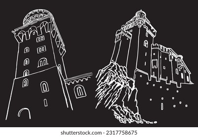 Graphical set of castles from Germany isolated on black,vector sketchy illustration. Historical buildings