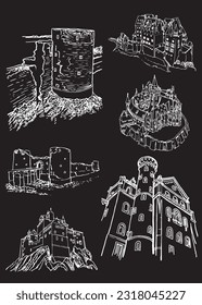 Graphical set of castles from Germany isolated on black,vector sketchy illustration. Historical buildings