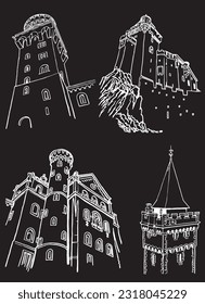 Graphical set of castles from Germany isolated on black,vector sketchy illustration. Historical buildings