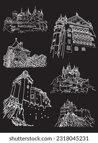 Graphical set of castles from Germany isolated on black,vector sketchy illustration. Historical buildings