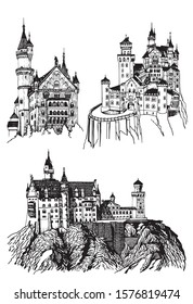  Graphical set of castles isolated on white background, Germany medieval castles. Neuschwanstein Castle