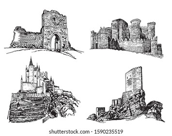 Graphical set of castles isolated on white background, vector illustration , architecture 