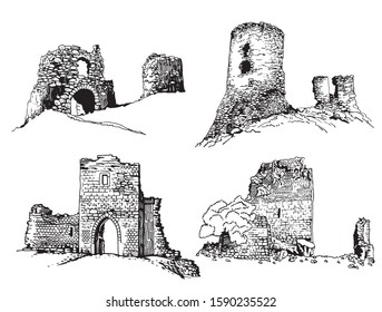 Graphical set of castles isolated on white background, vector illustration , architecture 